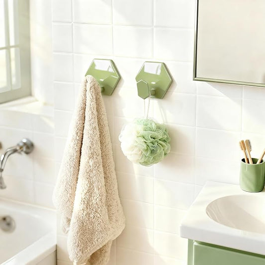 Tindbea Adhesive Towel Hooks Heavy Duty Wall Hooks Waterproof Stainless Steel Shower Rack for Coat, Key, Hat, Robe, Clothes, Picture Hanging Towel Hooks for Bathrooms Kitchen Door (4-Pack, Green)