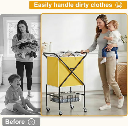 Convenient Laundry Basket with Wheels,36" High Easy Rolling Laundry Cart with Wheels,Heavy Duty Dirty Clothes Laundry Hamper with Handles Removable Bag for Seniors,Folding Metal Frame/Yellow/98L