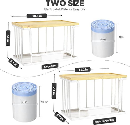 2 Pack Trash Bag Holder, Extra Large and Large Stackable Garbage Bag Dispenser Under Sink with Bamboo Top & Metal Base for Kitchen Countertop Storage, Laundry, Pantry Organizer (White, L+XL)