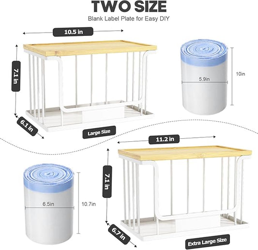 2 Pack Trash Bag Holder, Extra Large and Large Stackable Garbage Bag Dispenser Under Sink with Bamboo Top & Metal Base for Kitchen Countertop Storage, Laundry, Pantry Organizer (White, L+XL)