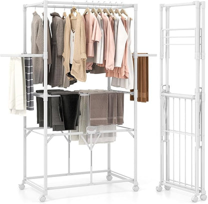 Tangkula Foldable Clothes Drying Rack, 68.5" Aluminum Laundry Rack with Hanging Rods & Drying Shelves, Universal Wheels with Brakes, Indoor Outdoor Garment Rack for Household Use (White)