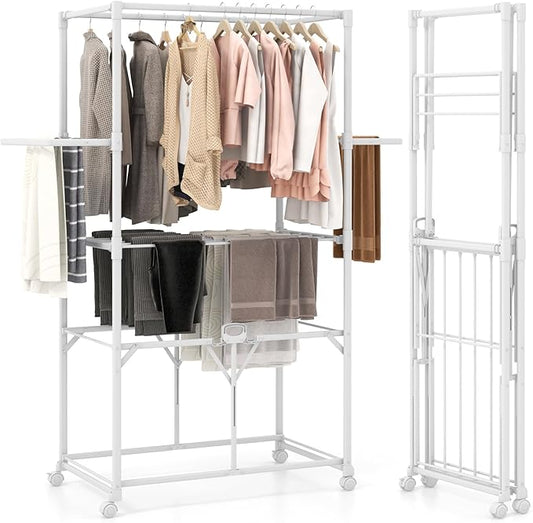 Tangkula Foldable Clothes Drying Rack, 68.5" Aluminum Laundry Rack with Hanging Rods & Drying Shelves, Universal Wheels with Brakes, Indoor Outdoor Garment Rack for Household Use (White)