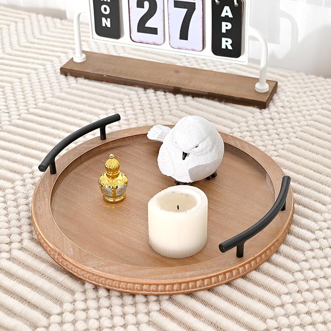 SwallowLiving Brown Wooden Beaded Serving Tray with Handle Decorative Rustic Tray for Coffee Table Farmhouse Round Tray for Kitchen, Living Room and Bedroom