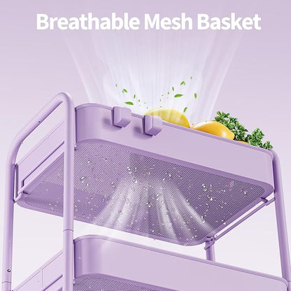 TOOLF 4-Tier Metal Rolling Cart with Wheels, Storage Utility Organizer Cart for Kitchen, Bathroom, Office, Baby Essentials & Makeup - Lockable Casters, Easy Assembly, Large Capacity, Purple