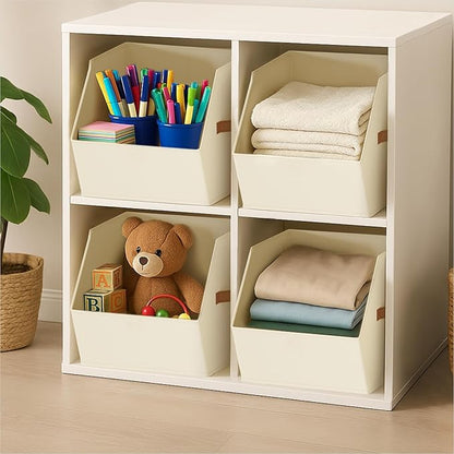 Large Closet Storage Cubes - Closet Storage Bins with Dual Handles for Clothes, Towels, Toys, Shelf Organizer Bins for Bedroom, Nursery, Shelves, Small Spaces, Beige, 4 Pack