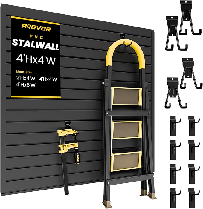 SlatWall Paneling 4x4 FT, PVC Slat Wall Panels with 12 Hooks Heavy-Duty Garage Organization System, Slatwall Pegboard Suitable for Home、Garage、Shop Wall Display & Organization (Black)