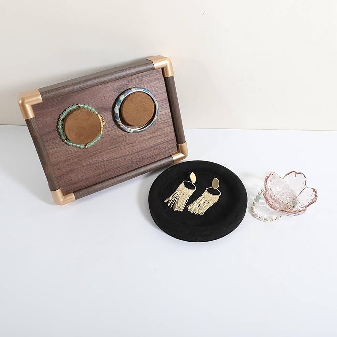 GemeShou Round Jewelry Organizer Plate, Top Microfiber Velvet Jewelry Display Tray, Empty Jewelry Showcase Tray for Necklaces, Bracelets, Rings, Earrings (Black-Small, 5.9 x 5.9 in)