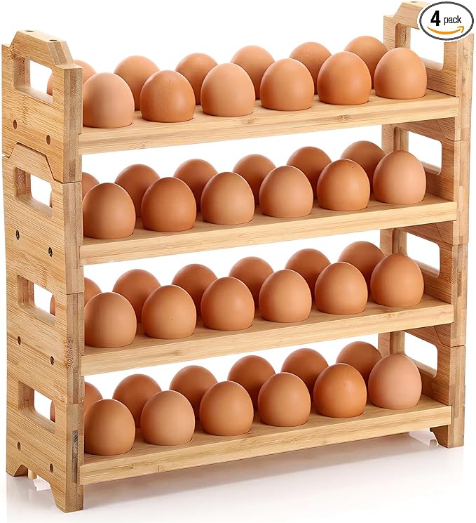 LemonRoad 4 Tier Wooden Egg Holder for Countertop, Bamboo Stackable Fresh Egg Storage Farmhouse Collecting Rack for Gathering Kitchen Organizer Duck Eggs Display, Stackable with 48 Eggs