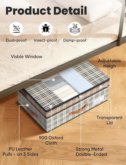 TOSKING Under Bed Storage with Wheels 2 Pack, Adjustable Height 7.9"-10.2", 6 Vacuum Bags, 900D Oxford Rolling Underbed Bins, Heavy Duty Drawer Organizer, Organizer for Clothes, Shoes, Houndstooth