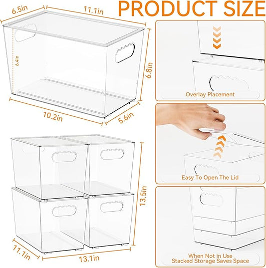 Yieach 4 Pack Stackable Clear Storage Bins with Lids,Large Pantry Bins Organization and Refrigerator Organizer with Handle,BPA FREE Kitchen Storage Containers and Cabinet bins for Organizing Snack,Toy