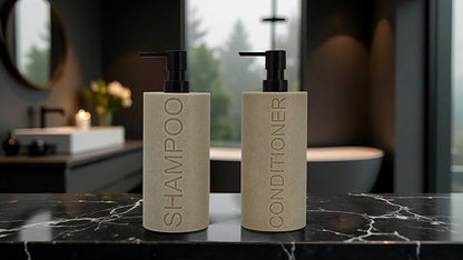 Indecor Home Resin 2 Pack Shampoo, Conditioner or Body Wash Dispenser Set, Luxurious Refillable Pump Bottles with Matte Pump Top and Embossed Text, Durable Design for Bathroom and Shower