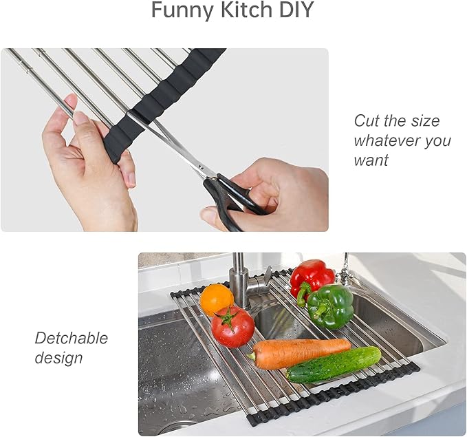 ARAINY Large Telescopic Drain Rack Roll Up Rack Heat-Resistant Dish Drainer Kitchen Sink Rack Over The Sink Dish Drying Rack Stainless Steel Dish Rack (18 Tube 21.25''x12.79'')