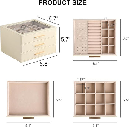 Frebeauty Clear Lid Jewelry Box,3-Layer Jewelry Organizer with Drawer,PU Leather Jewelry Organizers and Storage,Jewelry Boxes for Women,Jewelry Storage for Rings Earring Stud,Gift for Women(Beige)