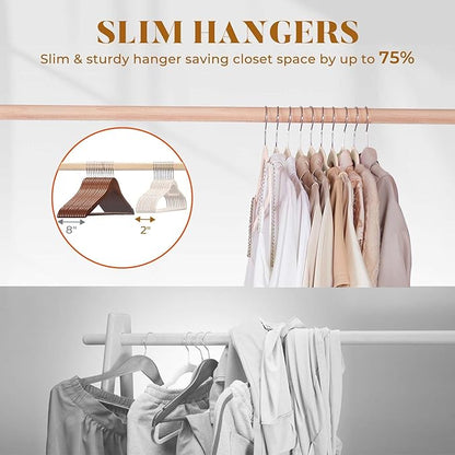 HOUSE DAY Velvet Hangers with Tie Bar 20 Pack Ivory, Clothes Hanger Non-Slip, Space Saving Felt Hangers for Pants, Coat, Suits, Shirt, Scarf, No Hanger Marks