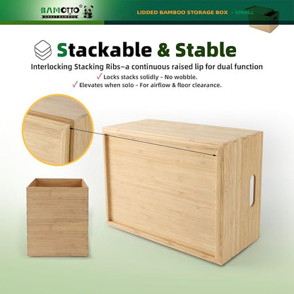 10.2”x7.3”x6.5” Lidded Storage Bins - Stackable Bamboo Box/Cube/Basket with Handles for Home Kitchen Office, Organize Tableware Clothing Toys Books