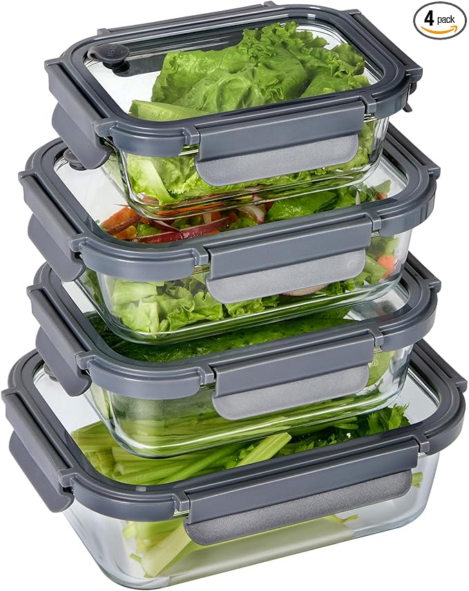 Spreccio Glass Food Storage Containers with Glass Lids, 4 Pack Meal Prep Container with Airtight Lids, Microwave Safe Food Container Set, BPA Free, LeakProof, Ideal for Lunch
