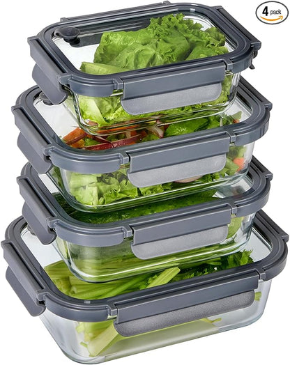 Spreccio Glass Food Storage Containers with Glass Lids, 4 Pack Meal Prep Container with Airtight Lids, Microwave Safe Food Container Set, BPA Free, LeakProof, Ideal for Lunch