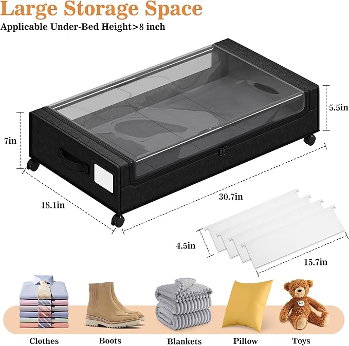 Gientan 2 Pack Under Bed Storage with 4 Dividers, Large Under Bed Storage Containers with Wheels for Clothes, Shoes, XXL Rolling Underbed Storage Organizer Bins with Clear Lids and Handles