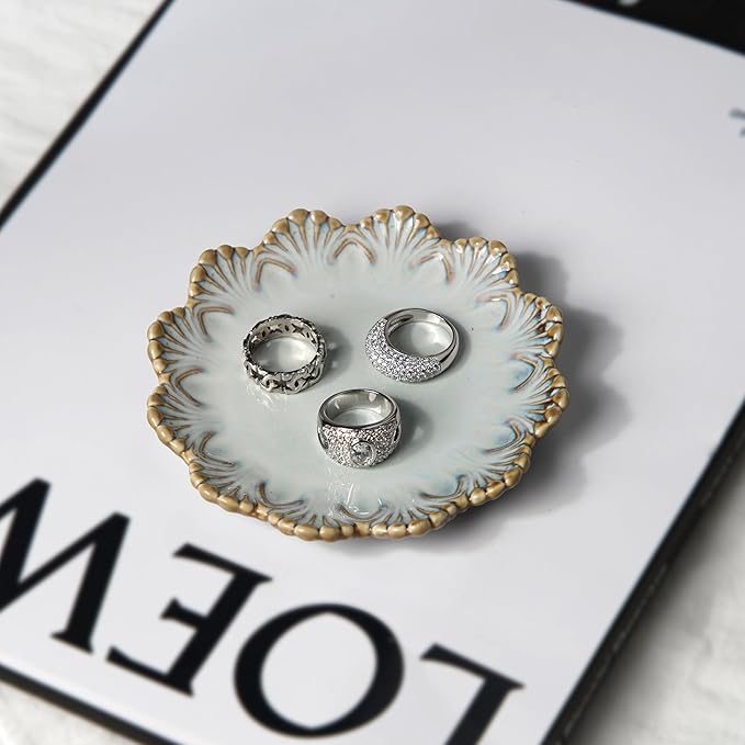 Ceramic Jewelry Dish, Decorative Tray for Rings Earrings Necklaces Bracelet Watch Keys, 4.50" Trinket Tray as Gifts for Women (Reactive Shell)
