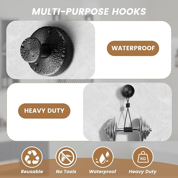 BKV Suction Cup Hooks for Glass Window,Removable Shower Hooks for Inside Shower,Metal Towel Hooks for Bathrooms,2 Pack(Black)
