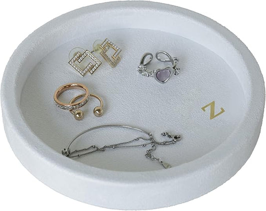 COLLECTIVE HOME - Velvet Jewelry Tray, 6" Monogrammed Jewelry Dish, Smooth Velour Display Dish for Rings, Earrings, Necklaces, Makeup, Personalized Gifts for Women (White-z)