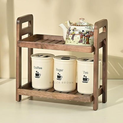 Brick Brown Premium Cocoa Kitchen Wooden Organizer 2-Tiered Serving Stand| Display Snacks, Fruits & Desserts | Kitchen & Dining Organizer in Mahogany Finish (Self Assembly)