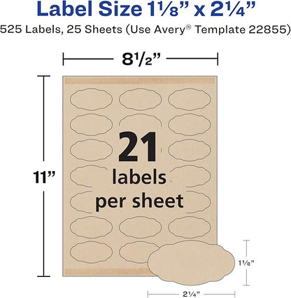 Avery Kraft Brown Scalloped Oval Labels with Sure Feed Technology, 1-1/8" x 2-1/4", Print to The Edge, Laser/Inkjet Printable Labels, 525 Total (22855)