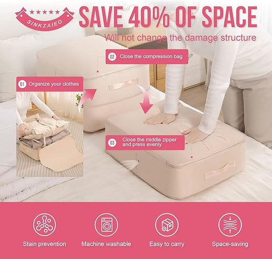 SINKZAICO Ultra Space Saving Self Compression Organizer,Packing Cubes,Waterproof And Moisture-Proof,High Capacity,For Blankets Clothes Duvet Comforter（Pink 21.2 * 16.2 * 11.8 In）