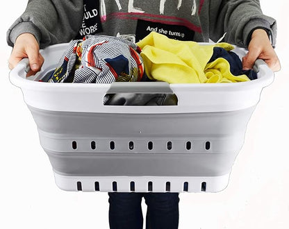 SAMMART 30L (8 gallon) Collapsible 3 Handled Plastic Laundry Basket - Foldable Pop Up Storage Container/Organizer - Space Saving Hamper/Basket (White/Grey)
