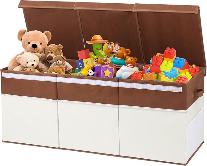 Extra Large Toy Box with Lids, Collapsible Toy Storage Organizer with Divider for Kids, Sturdy Toy Chest for Bedroom, Nursery, Living Room, Playroom, 40"x14"x16", White & Brown