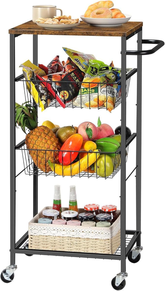 CADUKE Bar Cart with Handle, Serving Cart with Pull-Out Mesh Baskets, Utility Cart on Wheels for Kitchen, Dining Room, Living Room