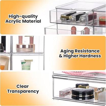Stackable Storage Drawers, 6 Pack Clear Acrylic Organizer Bins with Golden Handles, Multi-Size Plastic Drawers for Makeup, Vanity, Kitchen, Bathroom, Office, Under Sink & Cabinet Organizatio