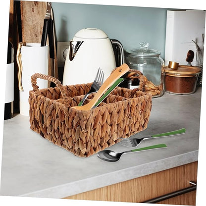 Woven Cutlery Organizer Basket Divided Hyacinth Design for Tabletop Cabinet Natural Storage for Silverware Snacks Stylish Space-saving Home Decor
