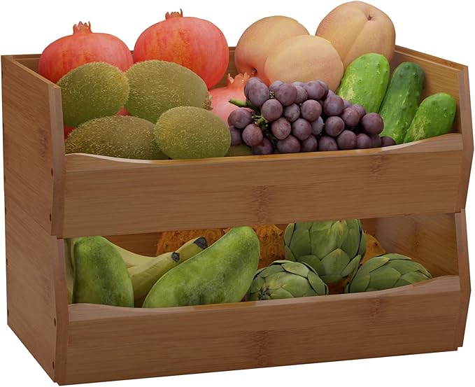 2 Set Open Front Stackable Storage Bins, Bamboo Stacking Storage Bins Food Vegetable Makeup Containers, Organizer Bins for Kitchen, Bathroom, Office, Cabinet, Countertop Storage (Long Walnut)