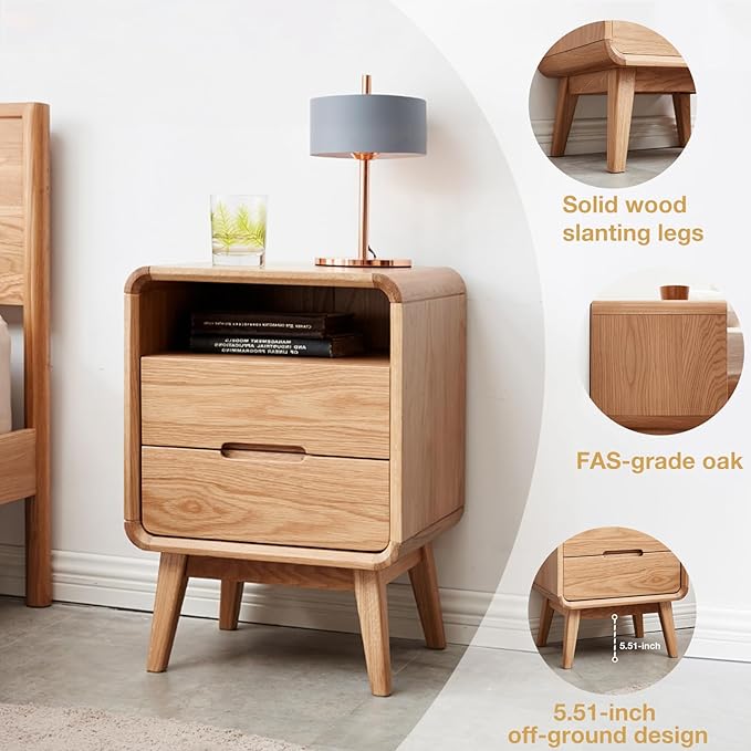 Vadisun Solid Wood Nightstand Set of 2, Mid Century Modern Nightstand with Drawers, Natural Wood Nightstand with Storage, Wooden Night Stand, Small Nightstands, Bedside Table for Bedroom(23.23" H)