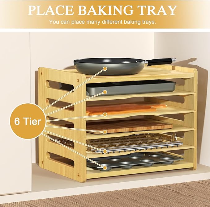 sandpaint 6 Tier Wooden Cabinet Tray Dividers, Kitchen Vertical Tray Divider Organizer, Storing pans, Baking trays, Cutting Board