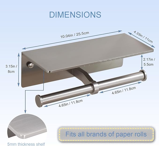 Toilet Paper Holder - Double Rolls Toilet Tissue Holder with Phone Shelf for Bathroom - TP Roll Holder with Wipes Storage, Wall Mounted by Adhesive Tape No Drilling or Screw - Brushed Nickel