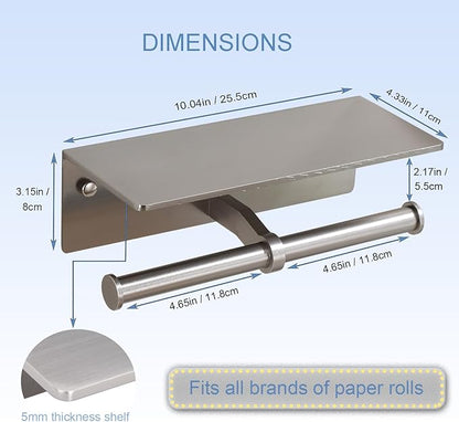 Toilet Paper Holder - Double Rolls Toilet Tissue Holder with Phone Shelf for Bathroom - TP Roll Holder with Wipes Storage, Wall Mounted by Adhesive Tape No Drilling or Screw - Brushed Nickel