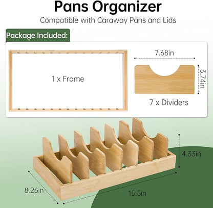 Pan Organizer Compatible with Caraway, Pots and Pans Organizer Under Cabinet, Bamboo Pot Lid Organizers with Adjustable Dividers, U-Shaped Lid Slots, Ideal for Kitchen Countertop and Cabinet Storage