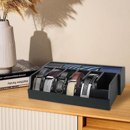 Niciksty Wooden Belt Organizer, 10 Compartments Belt Organizer for Closet and Drawer, Stylish Belt Storage Display Holder for Men Women’s Belts, Ties, and Jewelry, Black