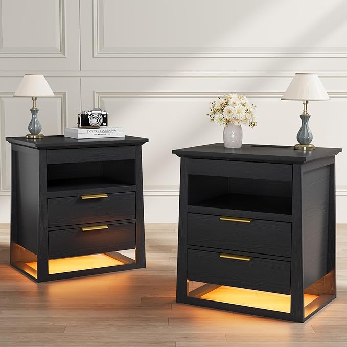 Rresyet 3 Drawer Nightstand with Charging Station & LED Lights & Open Shelf, Modern Night Stand with Storage, Wooden Bedside Table for Bedroom Room, Office (Black)
