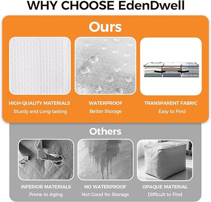 EdenDwell 8 Pack Under Bed Storage Bags, 75L Foldable Clear Storage Containers with Handles, Dual Zippers for Comforter, Clothes, Bedding, Linen Sheets, Sweaters, Blanket Storage