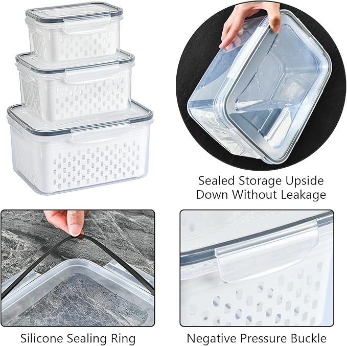 Lizbin 3 PCS Fruit Storage Containers for Fridge with Removable Colander, Leak proof Food Storage Containers, Airtight Food Storage Containers, Food Storage Container with Lids, Keep Food Meat Fresh