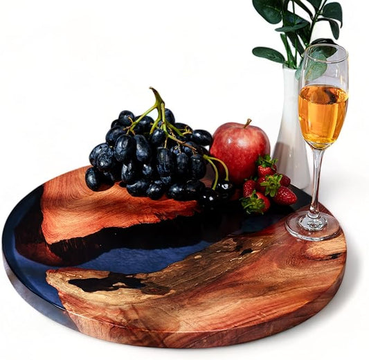 Handmade Reversible 16" Wood and Epoxy Resin Lazy Susan, Turntable for Kitchen Countertop, Rotating Display Stand, Organizer and Storage for Dining Table, Cup Board, Home Decor (Clear Dark Blue)