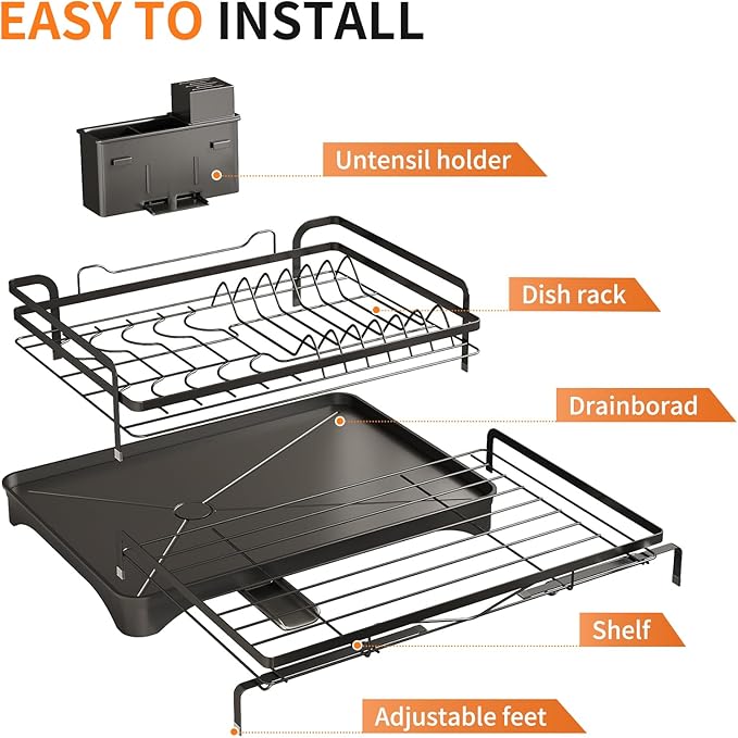 PureBox extendable Dish Drying Rack for Kitchen Counter,escurridor de platos,Metal Dish Strainer with Utensil Holder and Drainer (Black)
