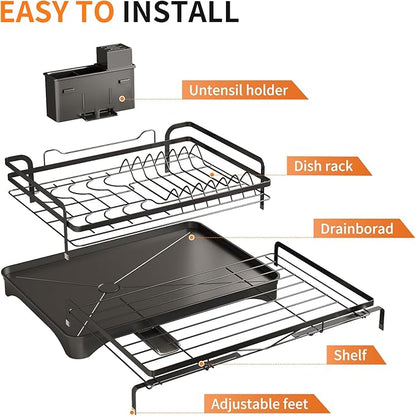 PureBox extendable Dish Drying Rack for Kitchen Counter,escurridor de platos,Metal Dish Strainer with Utensil Holder and Drainer (Black)
