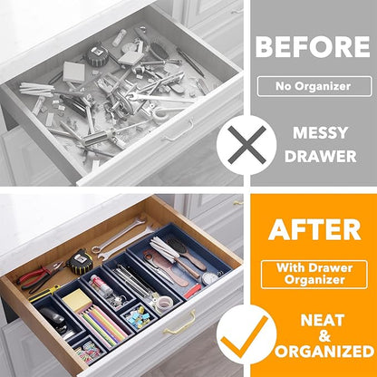SpaceAid 7-Piece Bamboo Drawer Organizer Storage Boxes Set, Wood Tray Junk Drawer Organizers Multi-Use Divider Bins for Kitchen, Bathroom, Office Desk and Makeup Organization (7 Pack, Navy Blue)