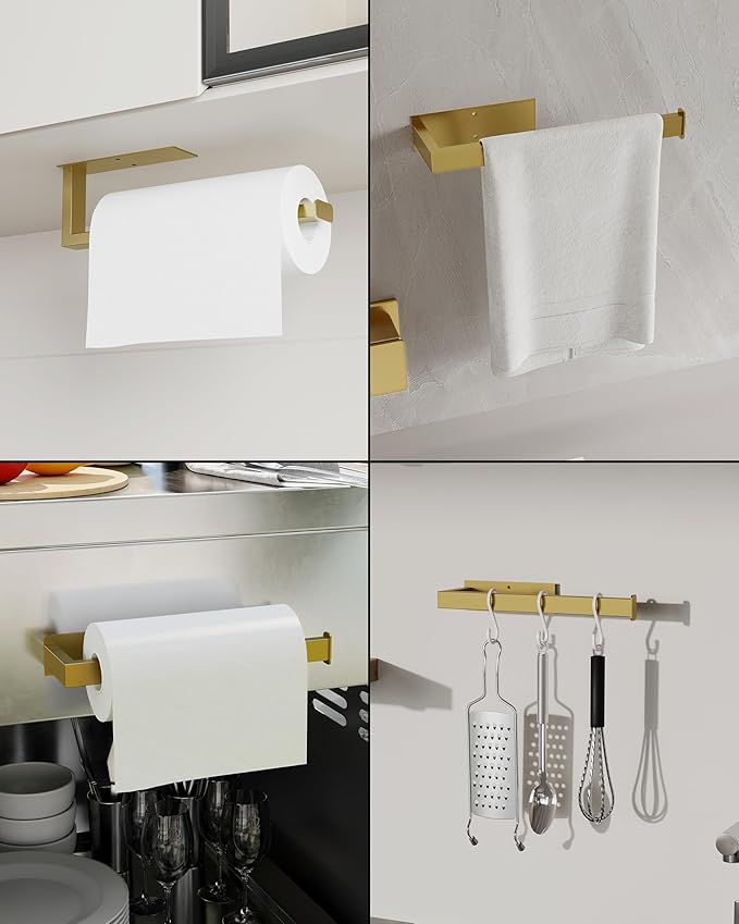 Paper Towel Holder, SUS304 Stainless Steel Under Cabinet Paper Towel Bar, Self Adhesive or Wall Mount, Paper Towel Roll Rack for Kitchen and Bathroom (Brushed Gold)
