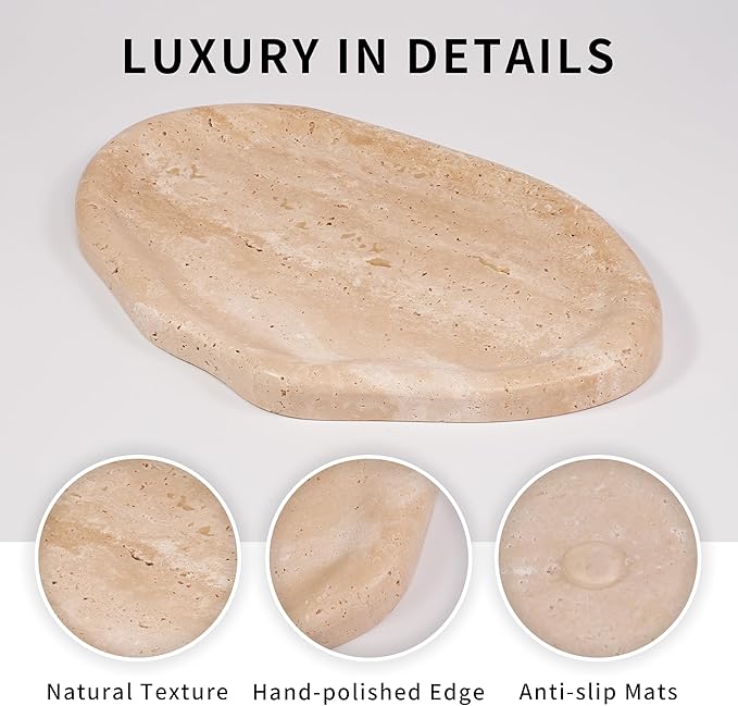 LWALMS Marble Clould Tray for Bathroom - Travertine Stone Catchall Jewelry Dish for Kithchen Counter and Aesthetic Room Decor, Cute Decorative Vanity Dishes for Trinket Ring Key Candle (9.5'' x 6.3'')