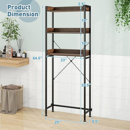 LOKO 3-Tier Over The Toilet Storage Rack, Bathroom Space Saver Shelf, Freestanding Above Toilet Organizer with 4 Hooks, Anti-Tipping Device, Metal Frame Toilet Rack for Balcony Laundry (Brown+Black)